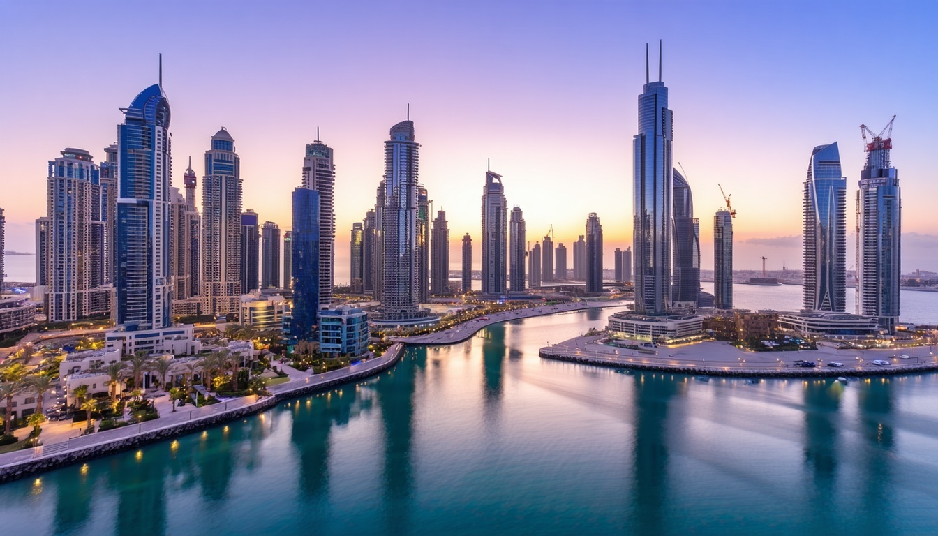 A breathtaking view of Dubai Marina at sunset