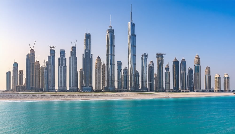 Skyline of Dubai with famous landmarks