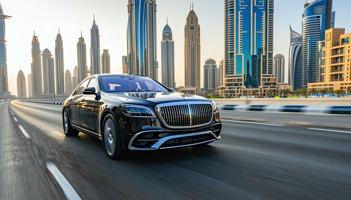 Luxury vehicles driving through Dubai cityscape