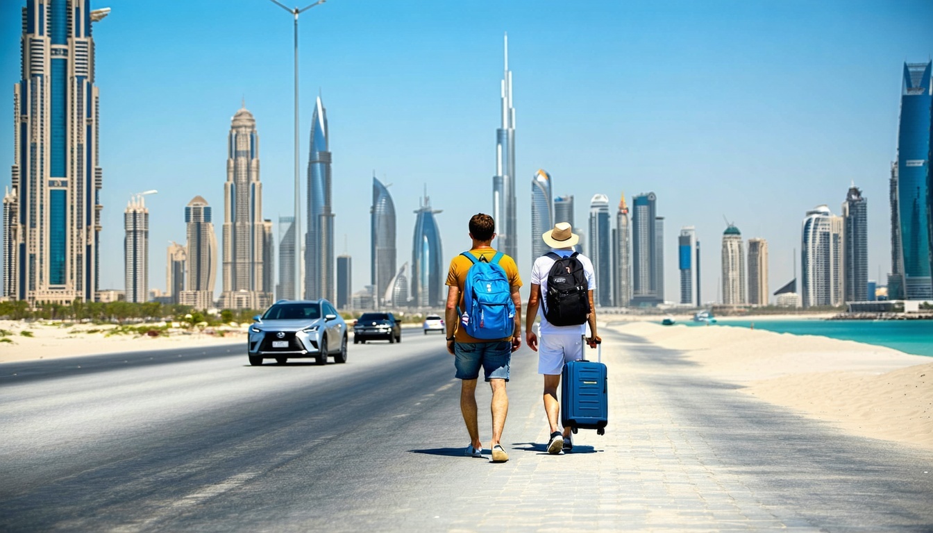 Tourists exploring Dubai landmarks in a guided road tour